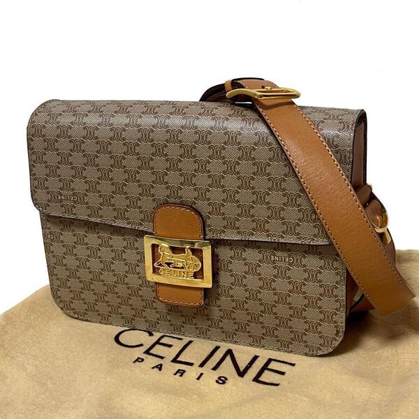 CELINE セリーヌ ショルダーバッグ 馬車金具 マカダム PVC レザー ベージュ ヴィンテージ
