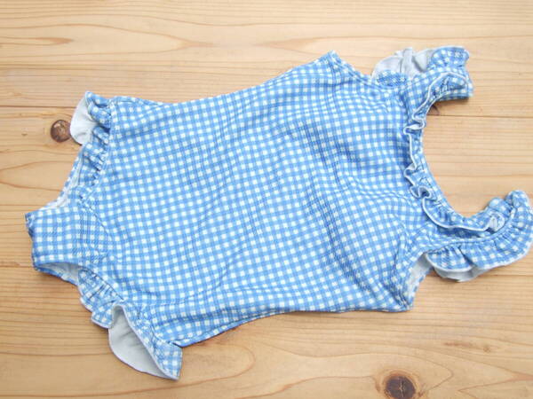 *美品!キッズ女の子ブルーチェックフリルワンピース水着140センチ(2)*