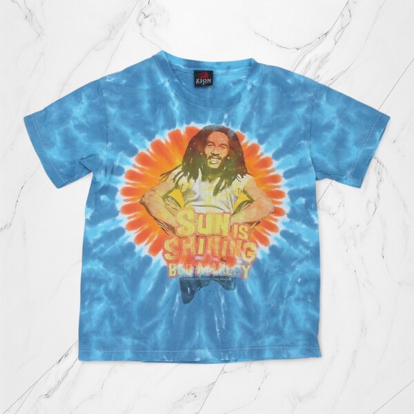 古着 USA製 ZION ROOTS WEAR T-SHIRTS BOB MARLEY WASHED BLUE Tシャツ ボブマーリー タイダイ 【Vintage】