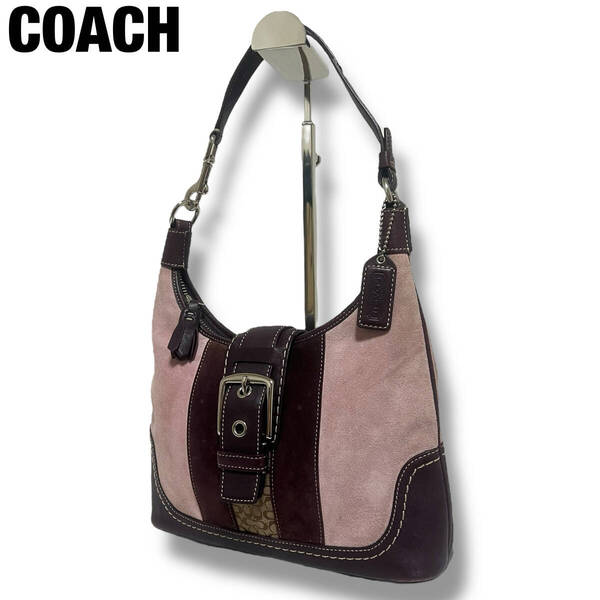 COACH コーチ ワンショルダーバッグ ハンドバッグ レザー スエード ピンク パープル シグネチャー チャーム シルバー金具 F11344