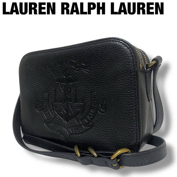 極美品 LAUREN RALPH LAUREN ローレンラルフローレン ショルダーバッグ カメラバッグ レザー シボ革 黒 ブラック エンボスロゴ 斜め掛け