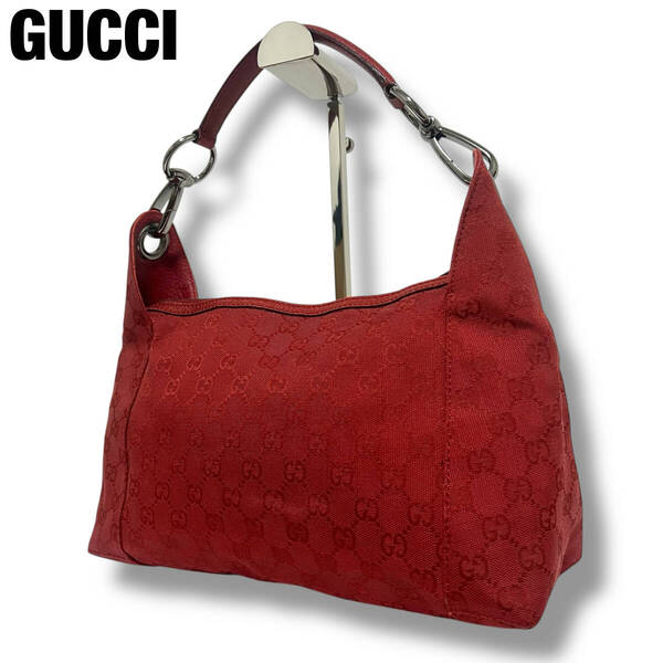 美品 GUCCI グッチ ハンドバッグ ショルダーバッグ ワンハンドル ワンショルダー GGキャンバス レッド 赤 シルバー金具 GG柄
