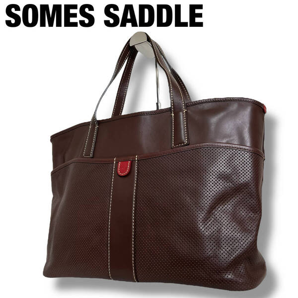 美品 SOMES SADDLE ソメスサドル トートバッグ ハンドバッグ レザー 茶 ブラウン パンチング A4収納可 ビジネス 肩掛け メンズ レディース