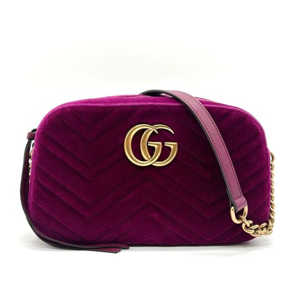 GUCCI グッチ 美品 GGマーモント チェーンショルダーバッグ ベロア パープル ショルダーバッグ 447632 斜め掛け クロスボディ