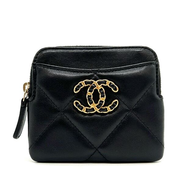 CHANEL シャネル シャネル19 美品 フラグメントケース コインケース ラムスキン ブラック ゴールド 財布 ウォレット カードケース