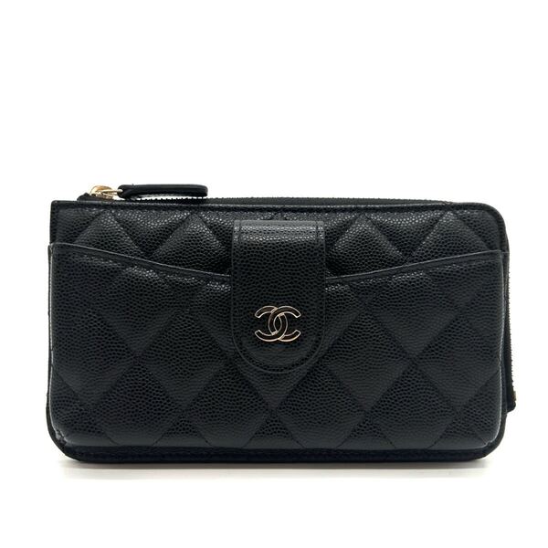 CHANEL シャネル 美品 フラグメントケース キャビアスキン マトラッセ 財布 ブラック ゴールド金具 フォンケース コインケース