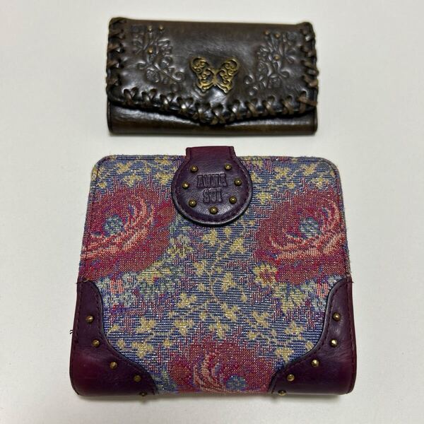 ◆ANNA SUI アナスイ 折り財布&キーケース 5連 2点セット◆ ゴブラン織り がま口 折り財布 紫 本革 キーケース 蝶【送料無料】0605