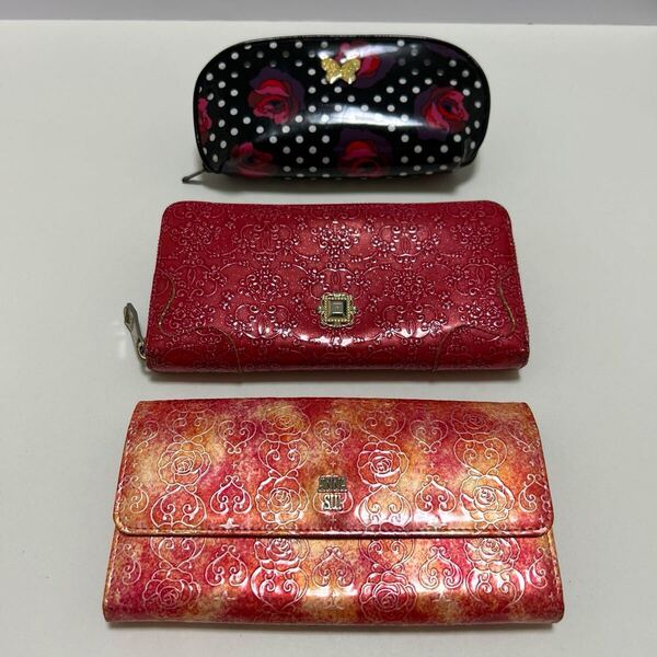 ◆ANNA SUI アナスイ レッド系 長財布&メガネケース 3点セット◆ ラウンドジップ かぶせ エナメル ルーミー等 【送料無料】0605