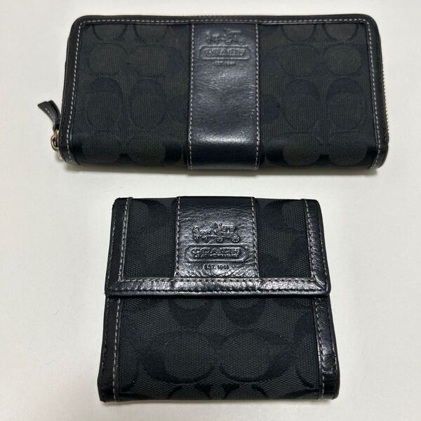 ◆COACH コーチ シグネチャー 長財布&折り財布 2点セット 黒◆ キャンバス×レザー ラウンドジップ & Wホック 【送料無料】0605