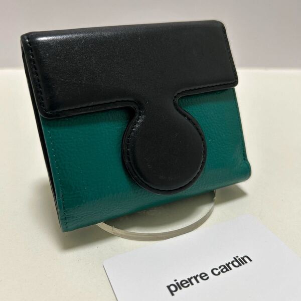 ☆良品-タグ付☆ ◆Pierre Cardin ピエールカルダン パズル かぶせ 折り財布 グリーン×ブラック◆ 牛革 バイカラー【送料無料】0610