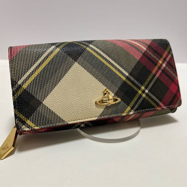 ☆良品☆ ◆Vivienne Westwood ヴィヴィアン かぶせ長財布 チェック柄×レッド◆ PVC オーブロゴ イタリア製 【送料無料】0617