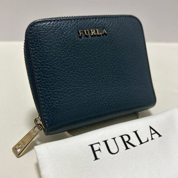 ☆袋付き☆ ◆FURLA フルラ ラウンドジップ 折り財布 ブルーグレー系◆ 本革 コンパクト 小銭入れ有 正規品保証 【送料無料】0620