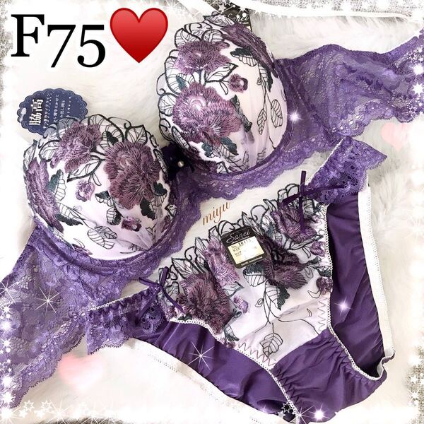 セール★F75L★ロージー刺繍 パープル 紫★ブラジャー&ショーツセット★薔薇 ローズ 脇高ブラ 上品 Fカップ アンダー75 新品 下着★みゆ