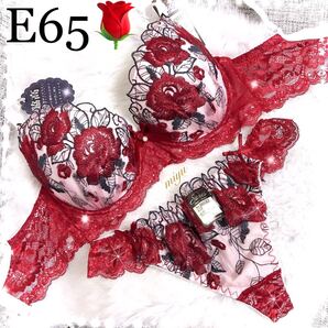 セール★E65M★ロージー刺繍 レッド 赤★ブラジャー&Tバックセット★脇高ブラ レース セクシー 薔薇 Eカップ アンダー65 新品 下着★みゆ
