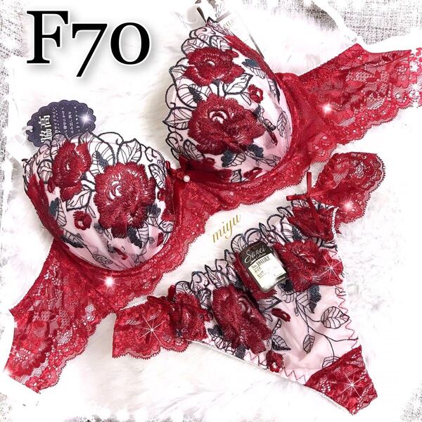 セール★F70M★ロージー刺繍 レッド 赤★ブラジャー&Tバックセット★脇高ブラ レース セクシー 薔薇 Fカップ アンダー70 新品 下着★みゆ