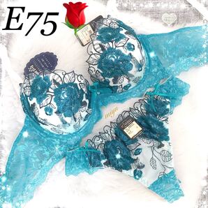 セール★E75L★ロージー刺繍 ターコイズブルー★ブラジャー&Tバックセット★脇高 ゴージャス レース Eカップ アンダー75 新品 下着★みゆ