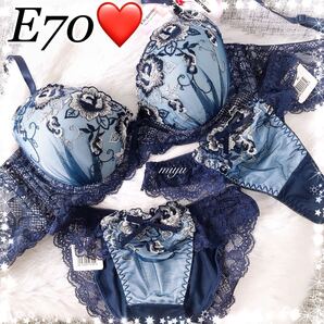 E70M★ラッセルフラワーレース ネイビー★ブラジャー&2ショーツセット★Tバック付 3点セット★花柄 Eカップ アンダー70 新品 下着★みゆ