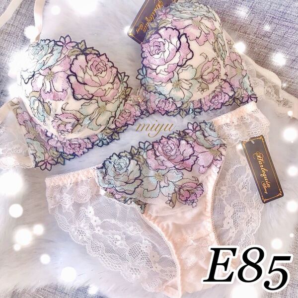 E85LL★ラメローズ クリーム色 アイボリー★ブラジャー&ショーツセット★花柄 刺繍 薔薇 バックレース Eカップ アンダー85 新品 下着★みゆ
