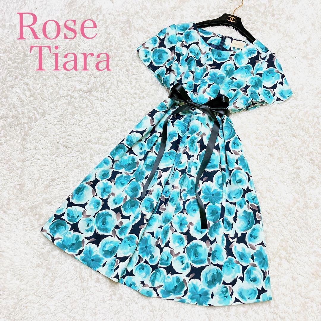 ローズティアラ ネイビー 花柄 半袖 ワンピース 50 未使用に近い ローズティアラ ネイビー 花柄 半袖 ワンピース 50 未使用に