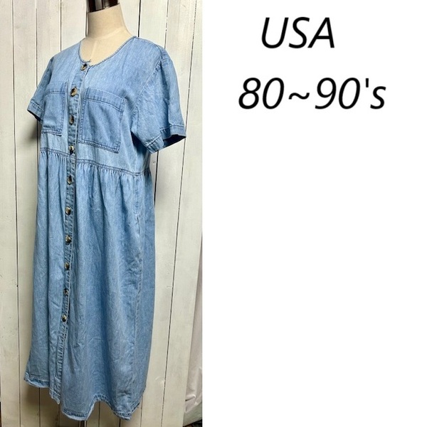 USA古着 80s~90s USA製 ゆったり ダンガリーデニムワンピース 7/8 薄青 オールド ヴィンテージ アメリカ古着 半袖 春夏 薄手 M~L ★273