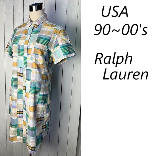 USA古着 90s00s Ralph Lauren マドラスチェックパッチワークシャツワンピース M~L 膝丈 オールド アメリカ 半袖 ラルフローレン ★280