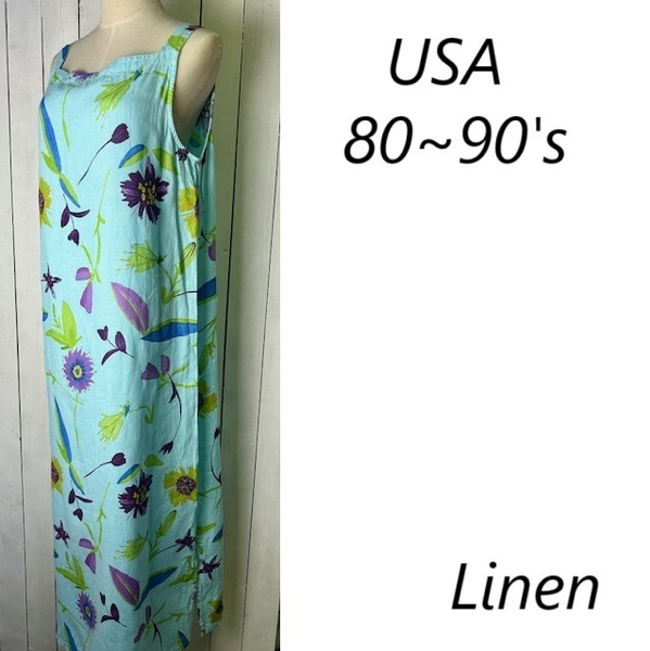 USA古着 80s~ USA製 リネン100 マキシワンピース 水色 M~L オールド ヴィンテージ アメリカ ノースリーブ リゾート ボタニカル 花柄★277