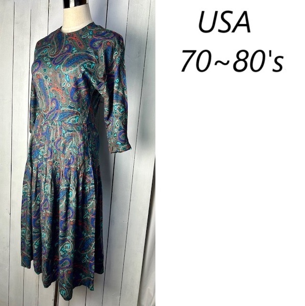 USA古着 70s~80s USA製 レトロペイズリー総柄 レーヨン ロングワンピース 2 深緑 オールド ヴィンテージ 5分袖 半袖 春夏秋口 XS~S ★274