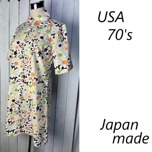 USA古着 70s Japan製 レトロ花柄 薄手シャツワンピース 14 オールド ヴィンテージ アメリカ 膝丈 春夏 半袖 M~L 総柄 ポリコットン ★275