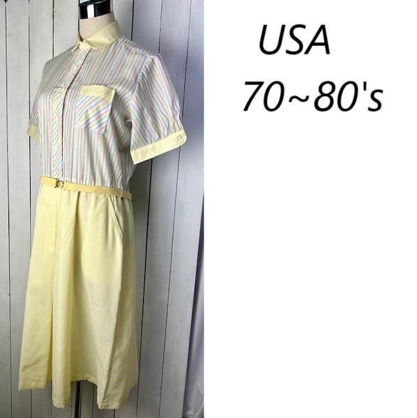 USA古着 70s~80s ベルト付 ストライプ切替え薄手シャツワンピース 11-12 薄黄色 オールド ヴィンテージ アメリカ 半袖 薄手 M~L ★276