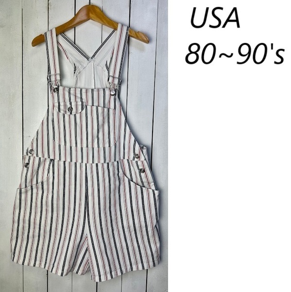 USA古着 80s~90s USA製 ストライプ ショート丈オーバーオール 5 白デニム オールド アメリカ古着 サロペット ワーク 短丈 ヒッコリー ●99