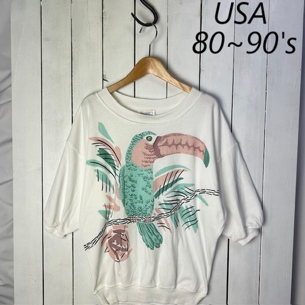 USA古着 80s~90s 南国鳥柄 薄手 半袖スウェットカットソー M~L程度 白 オールド ヴィンテージ アメリカ古着 ライトオンス 春夏 ●260