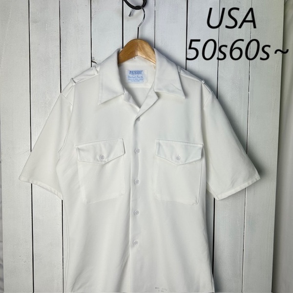 sh●895 USA古着 50s60s PATRIOT 開襟ポリシャツ S 白 オールド ヴィンテージ アメリカ古着 半袖 やや厚手 オープンカラー