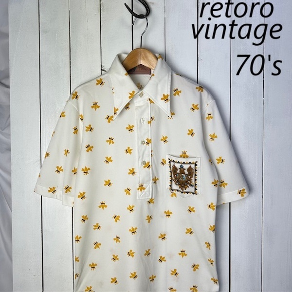 sh●898 昭和レトロ古着 70s 百合の紋章柄 レトロシャツ M~L 白 オールド ヴィンテージ 70年代 ポリシャツ 半袖 ポロシャツ 薄手