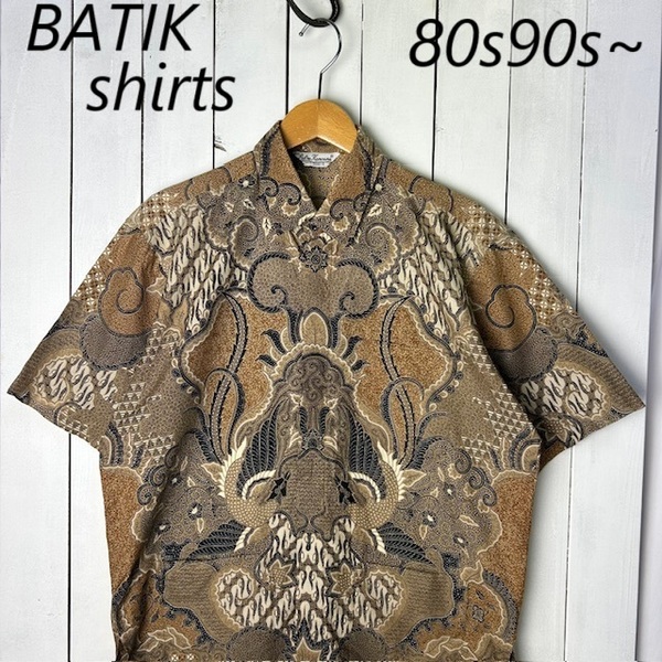 sh●901 80s90s~ BATIK アジアンエスニック 孔雀柄 柄合せ総柄バティックシャツ L オールド ヴィンテージ 半袖 レトロ 民族 インドネシア