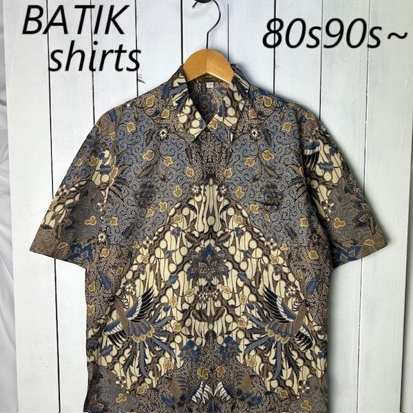 sh●902 80s90s~ BATIK アジアンエスニック 孔雀柄 柄合せ総柄バティックシャツ L オールド ヴィンテージ 半袖 レトロ 民族 インドネシア