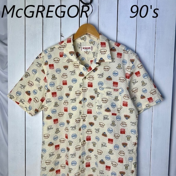 sh●903 美品 90s McGREGOR 総柄シアサッカー開襟シャツ M~L クリーム オールド 日本製 春夏 半袖 マックレガー マクレガー ヴィンテージ