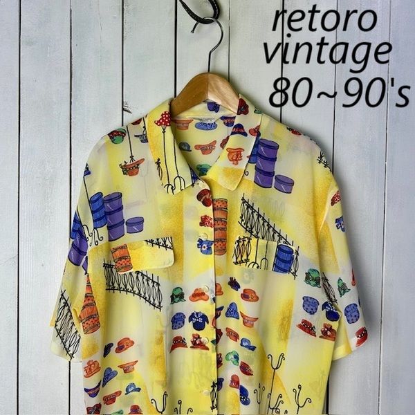 sh●910 レトロ古着 80s~90s HAT帽子柄 シフォンブラウス シャツ 9 M~L 黄色 オールド ヴィンテージ 春夏 半袖 日本製 薄手 シアーシャツ