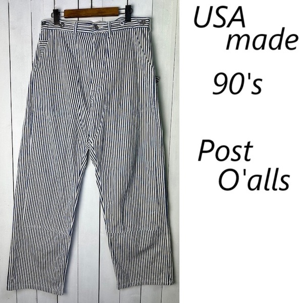 90s USA製 POST O'ALLS ダブルニー ヒッコリーペインタパンツ M~L サスペンダーボタン付 ポストオーバーオールズ ヴィンテージ ●485