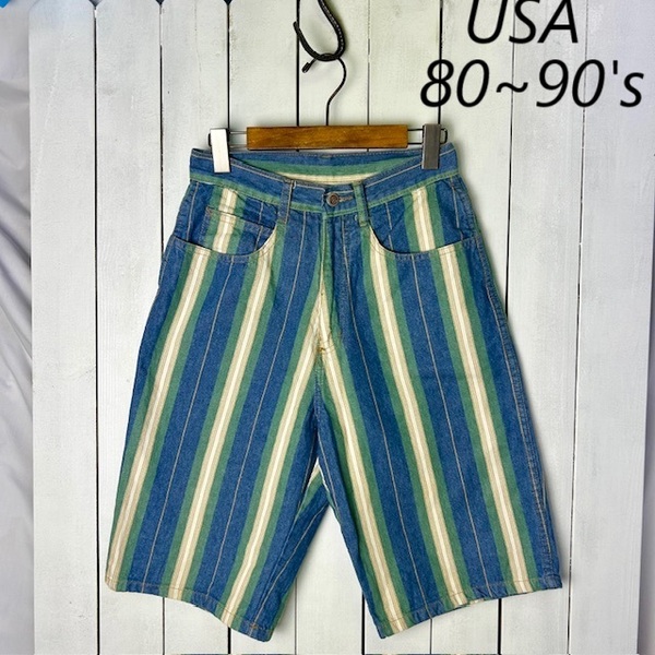 USA古着 80s~90s USA製 マルチストライプ デニムハーフパンツ 6 オールド ヴィンテージ アメリカ古着 バミューダショーツ TALON S~M●183