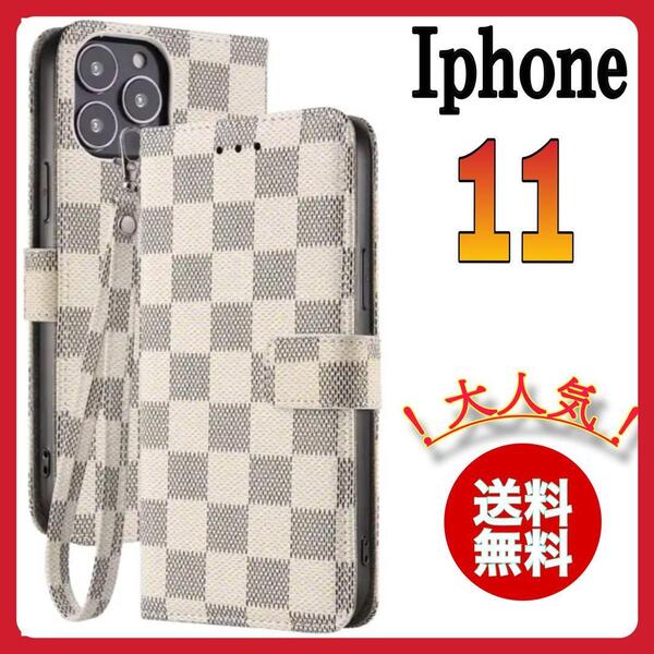 手帳型 iPhone 11ケース 白色 チェック PUレザー おしゃれ シンプル 高級デザイン 耐衝撃 カード収納 アイホン11カバー ホワイト