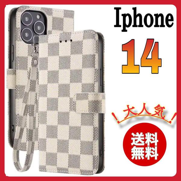 手帳型 iPhone 14ケース 白色 ホワイト チェック PUレザー シンプル 大人気 高級感 耐衝撃 カード収納 おしゃれ アイホン14カバー