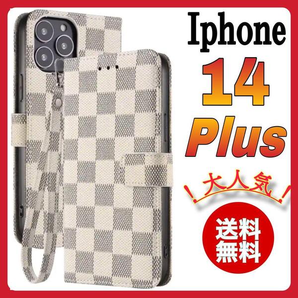 手帳型 iPhone14Plusケース 白色 ホワイト チェック柄 PUレザー シンプル 高級感 耐衝撃 カード収納 おしゃれ 大人気 アイホン14プラス