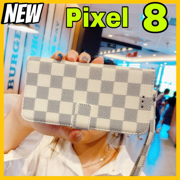 新入荷 Google Pixel8ケース 手帳型カード 収納カバー 白ホワイト お洒落 市松模様 格子柄 定期入れ チェック柄 高級レザー