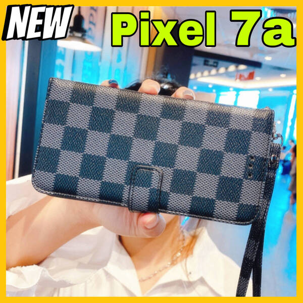 新入荷 Google Pixel7aケース 手帳型カード 収納カバー 黒ブラック お洒落 市松模様 格子柄 定期入れ チェック柄 高級レザー