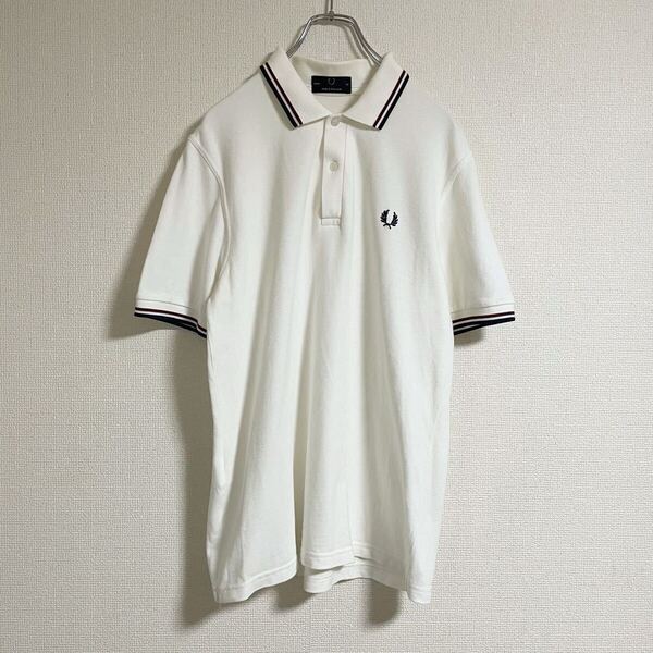 英国製 FRED PERRY フレッドペリー ポロシャツ M12 サイズ42 L 半袖 ホワイト 白 ライン イングランド製
