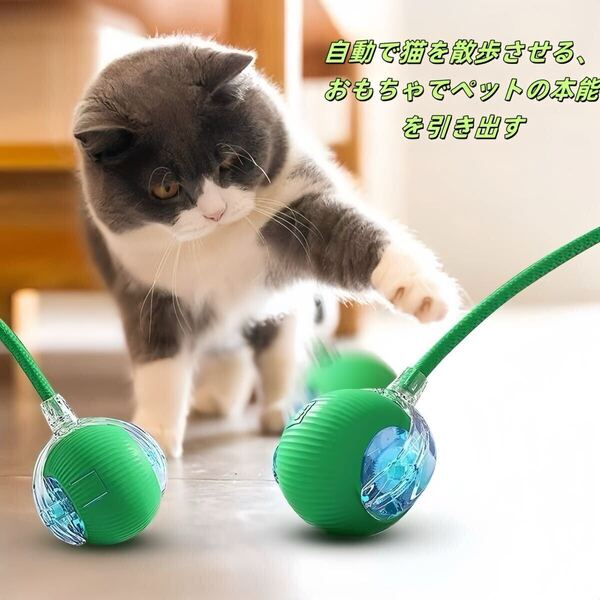 グリーン自動360度回転猫ボールおもちゃ|USB充電・Type-C充電対応|長い尾付き電動猫用おもちゃ 運動不足解消&本能刺激