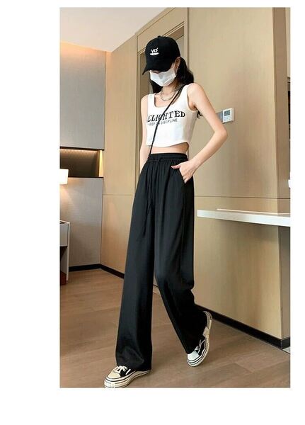 ワイドパンツ ストレートパンツ ハイウエスト アイスシルク ロングパンツ 脚長 ズボン 春 夏 秋 ダンス 接触冷感 黒 緑 ピンク