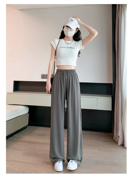ワイドパンツ ストレートパンツ ハイウエスト アイスシルク ロングパンツ 脚長 ズボン 春 夏 秋 ダンス 接触冷感