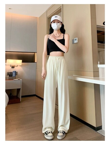 ワイドパンツ ストレートパンツ ハイウエスト アイスシルク ロングパンツ 脚長 ズボン 春 夏 秋 ダンス 接触冷感 ホワイト 黒 緑
