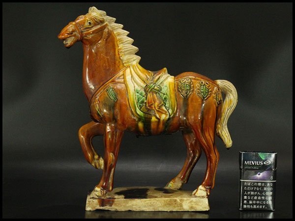 QY4-107【現状品】唐三彩 馬 うま 立馬 置物 オブジェ 陶器 陶芸